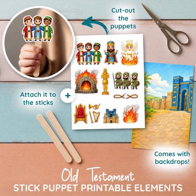 Shadrach Meshach Abednego Stick Puppets | Fiery Furnace Bible Craft for Kids, Come Follow Me 2026 Old Testament, 13 Pieces + 4 Backdrops