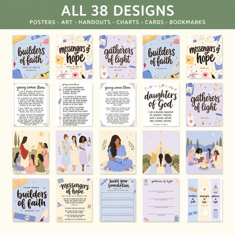 LDS Young Women Class Kit 2026 - Builders of Faith Messengers of Hope Gatherers of Light | Posters Handouts Bookmarks | Digital Download