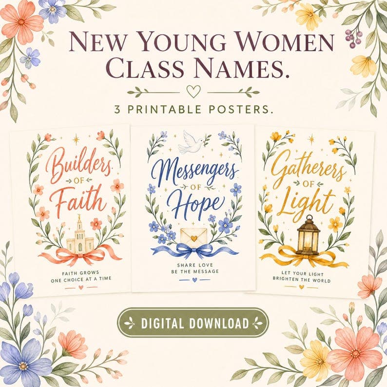 LDS Young Women Class Name Posters, Builders of Faith Messengers of Hope Gatherers of Light, Watercolor Floral, Digital Download